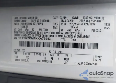 2019 Ford Transit from USA, damaged, VIN 1FTYR2CM7KKA73943